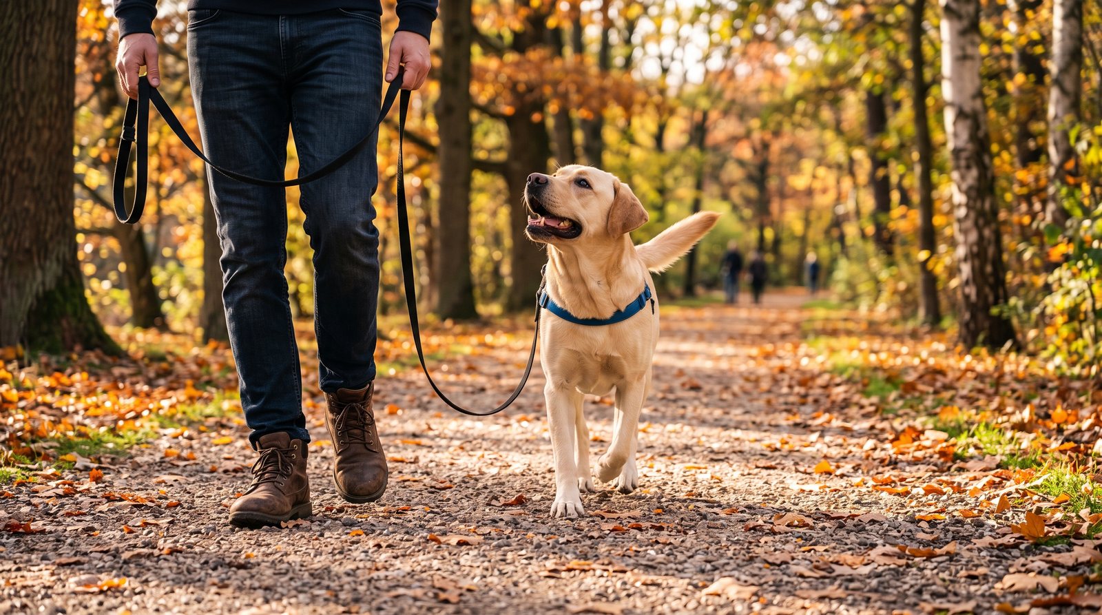 Labrador na spacerze na luźnej smyczy